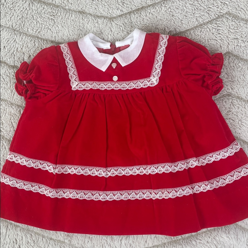 Vintage Red Velvet Dress ILGWU Union Made White Lace